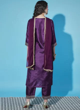 Embroidered Work Silk Blend Pant Style Suit In Purple