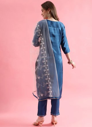 Embroidered Work Silk Blend Salwar Suit In Blue