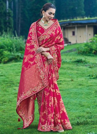 Embroidered Work Silk Classic Saree In Rani for Engagement