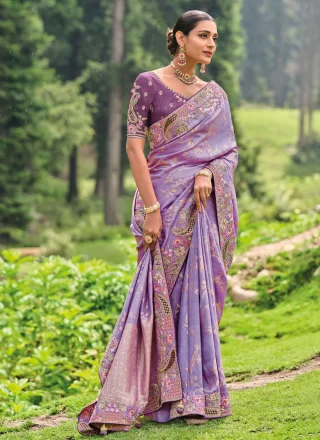 Embroidered Work Silk Contemporary Saree In Lavender for Engagement