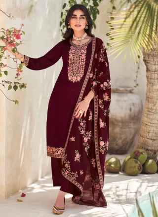 Embroidered Work Silk Palazzo Salwar Suit In Maroon