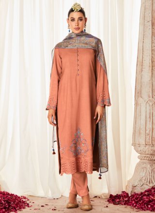 Embroidered Work Silk Straight Salwar Suit In Peach
