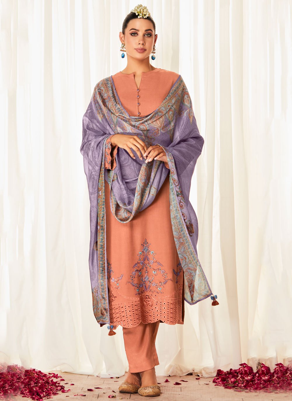 embroidered work silk straight salwar suit in peach 275362