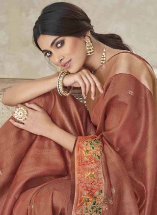 Embroidered Work Silk Trendy Saree In Brown for Ceremonial