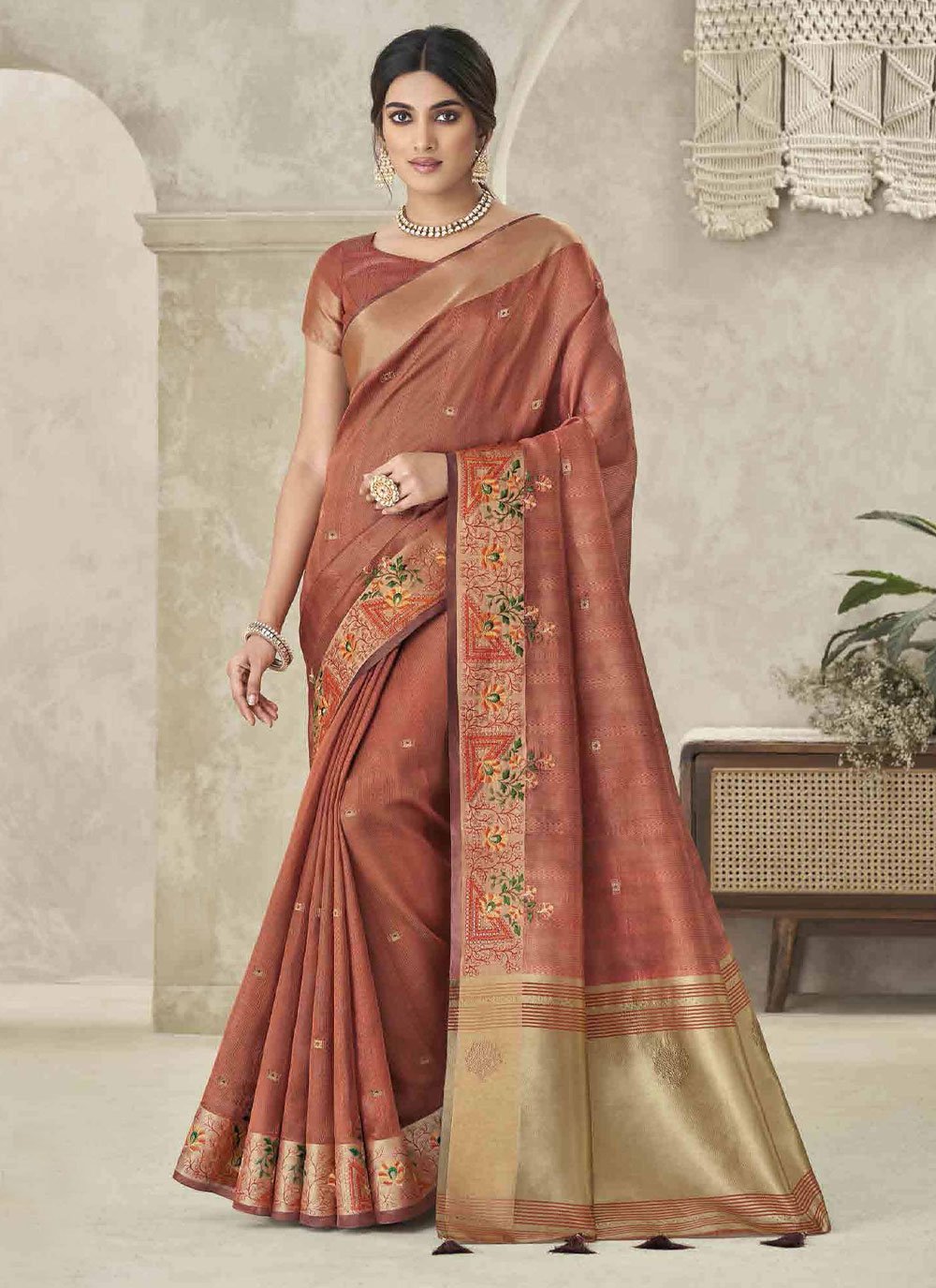 Shimmery Ombre Saree from Ash Brown to Chocolate with Matching Blouse -  Seasons India