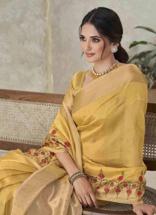 Embroidered Work Silk Trendy Saree In Yellow