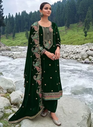 Embroidered Work Velvet Palazzo Salwar Suit In Green