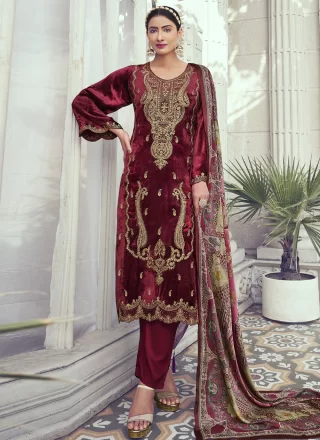 Embroidered Work Velvet Pant Style Suit In Maroon