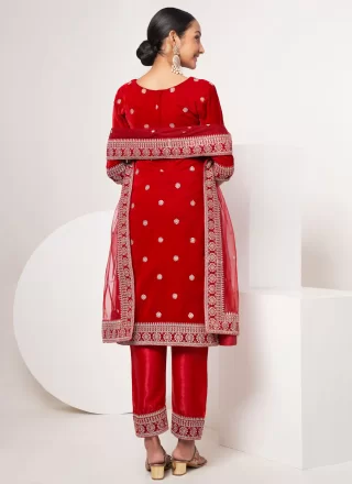 Embroidered Work Velvet Salwar Suit In Red