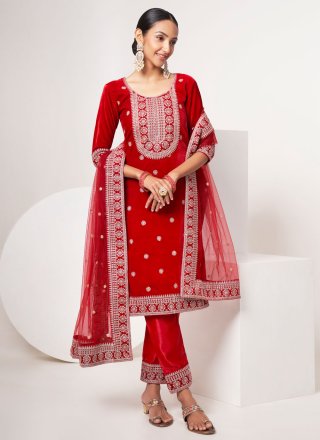Embroidered Work Velvet Salwar Suit In Red