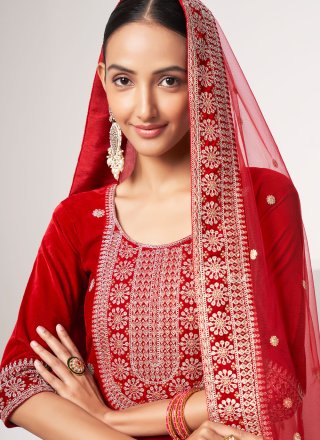 Embroidered Work Velvet Salwar Suit In Red