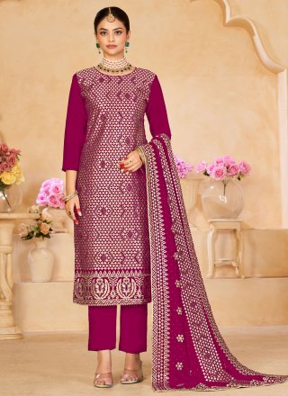 Embroidered Work Vichitra Silk Pant Style Suit In Rani for Festival
