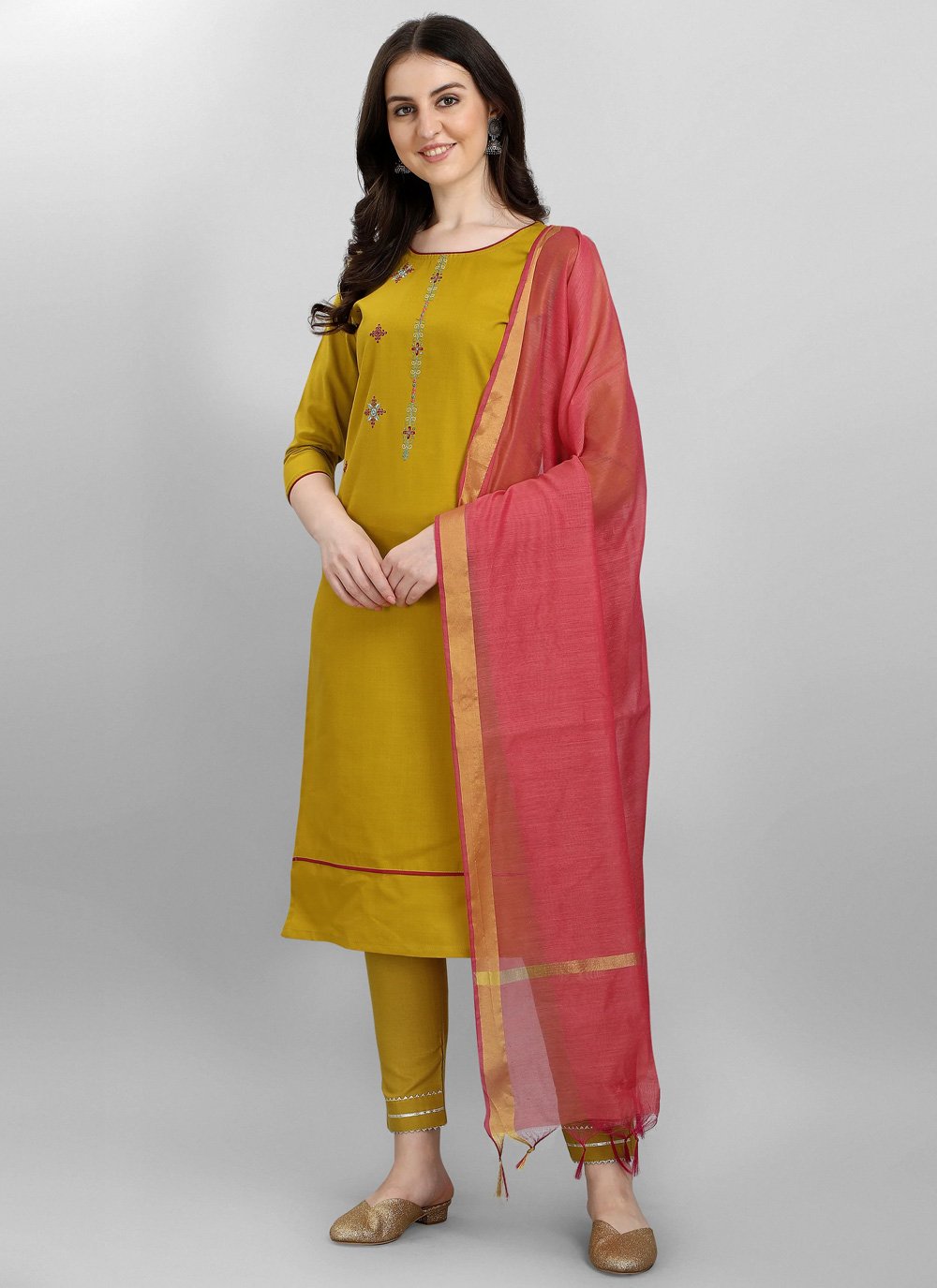 Embroidered Work Cotton Silk Salwar Suit In Mustard