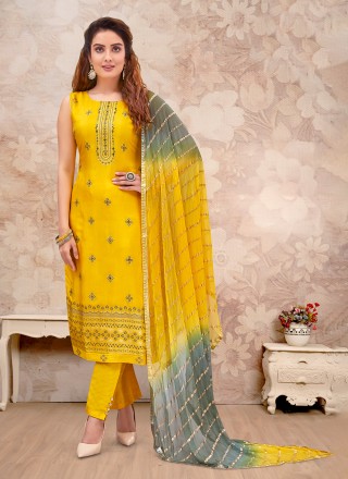 Embroidered Yellow Designer Salwar Suit 