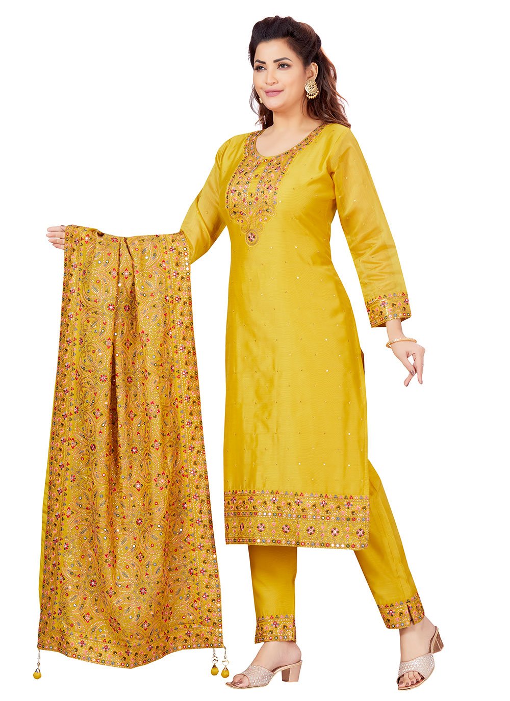 Embroidered Yellow Pant Style Suit 