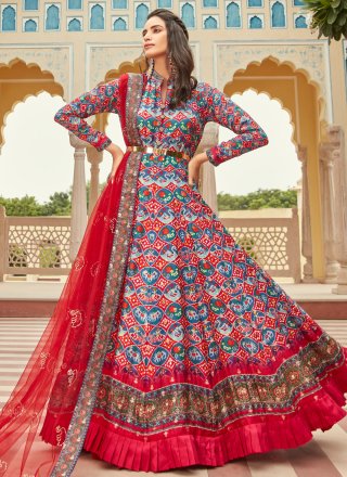 Engrossing Multi Colour Jacquard Indian Gown with Bandhej Work