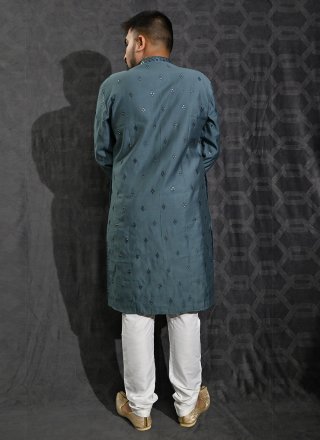 Enthralling Blue Cotton Silk Kurta Pyjama with Embroidered, Sequins and Thread Work