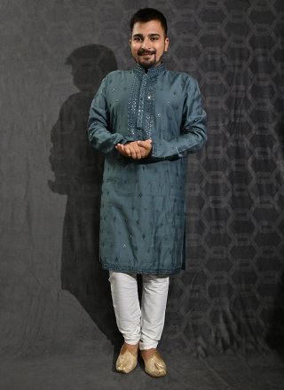 Enthralling Blue Cotton Silk Kurta Pyjama with Embroidered, Sequins and Thread Work