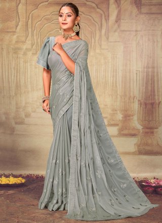 Grey Chiffon Classic Saree with Embroidered and Resham Work for Festival