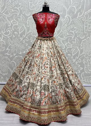 Entrancing Off White Pure Silk Lehenga Choli with Embroidered and Print Work