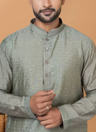 Exceptional Green Cotton Kurta Pyjama with Embroidered and Sequins Work
