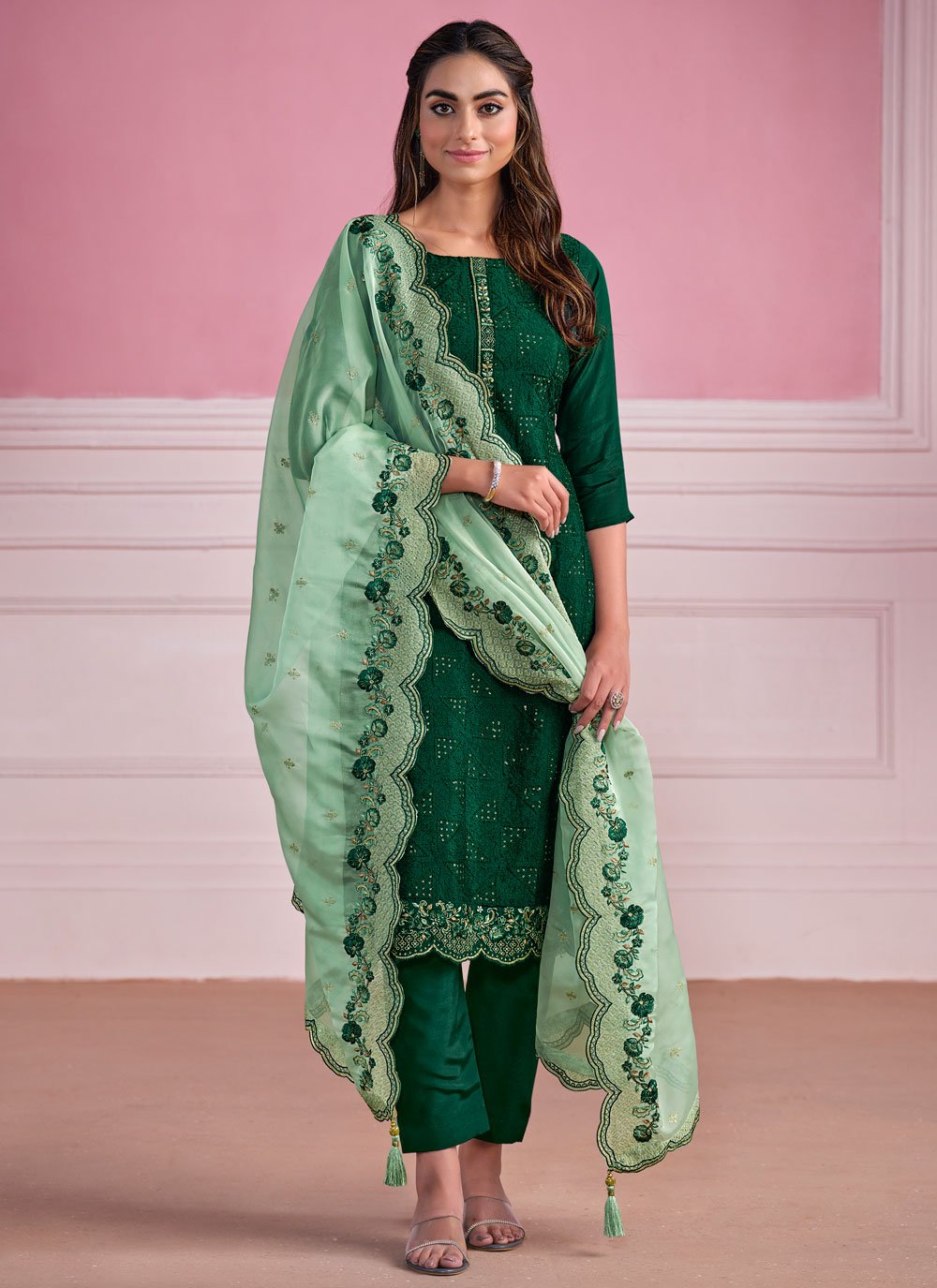 Exquisite Green Chiffon Salwar Suit with Chikankari and Embroidered Work