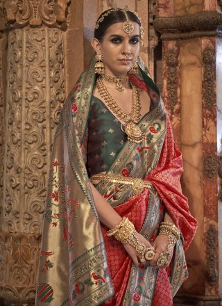 Fab Green and Red Banarasi Silk Trendy Saree with Weaving Work
