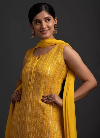 Yellow Georgette Sequins Work Readymade Salwar Suit for Women
