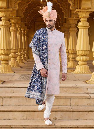 Fancy and Machine Embroidery Work Art Silk Sherwani In Mauve