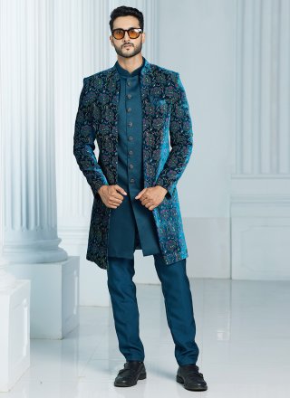 Fancy and Print Work Velvet Indo Western Sherwani In Teal for Engagement