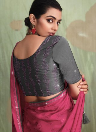 Fancy and Stone Work Faux Crepe Classic Sari In Pink for Ceremonial