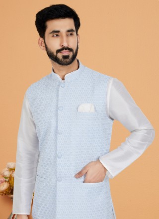 Fancy Banarasi Silk Kurta Payjama With Jacket in Aqua Blue and Off White