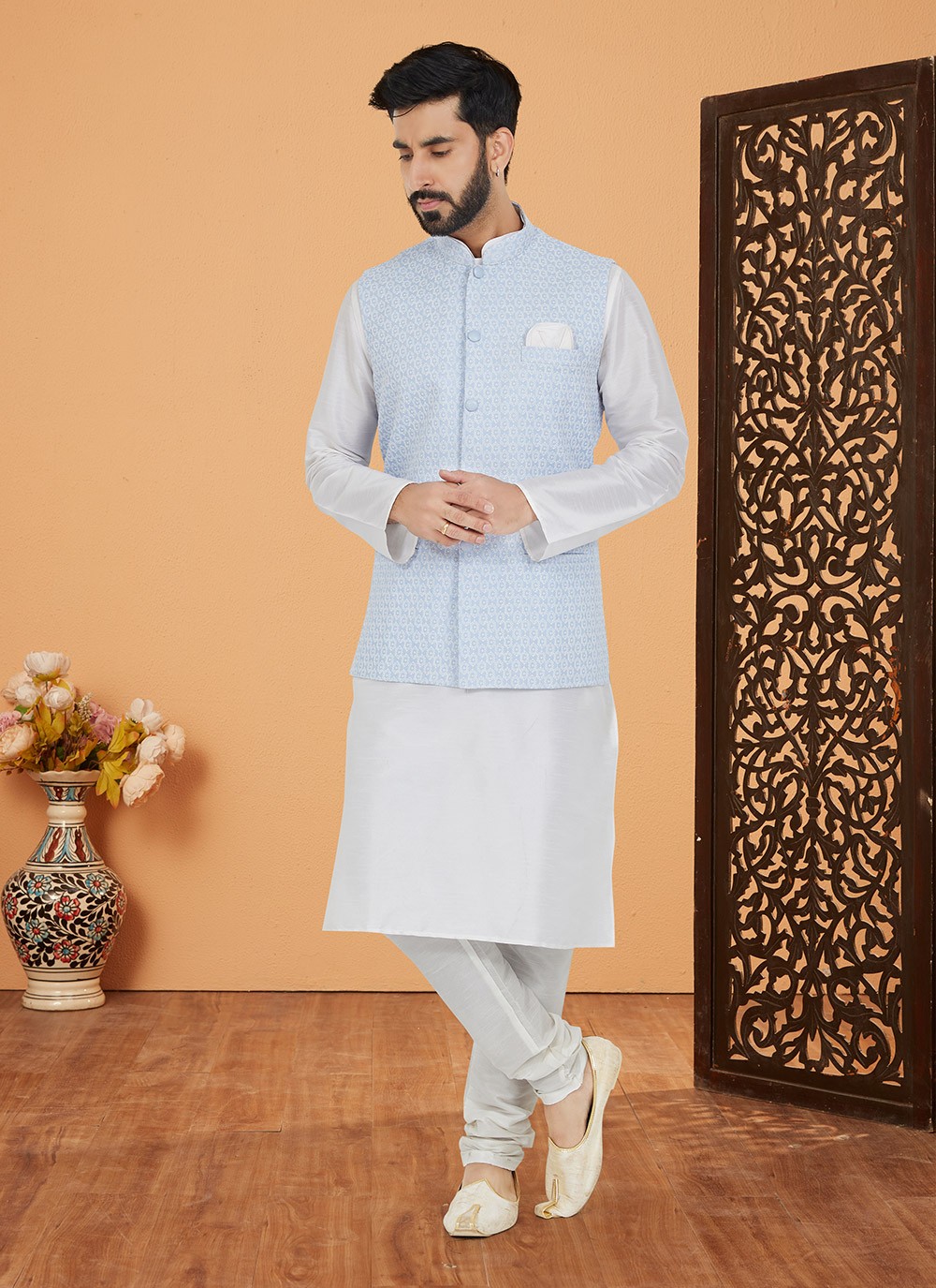 Blue kurta white pajama clearance with jacket