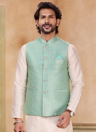 Fancy Banarasi Silk Kurta Payjama With Jacket in Cream and Green