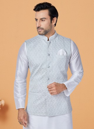 Fancy Banarasi Silk Kurta Payjama With Jacket in Grey and Off White