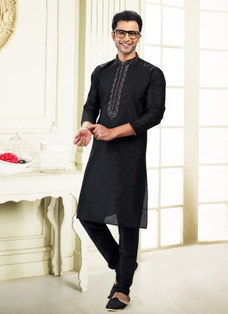 Fancy Banarasi Silk Kurta Pyjama in Black