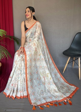Fancy Cotton Designer Saree in Off White