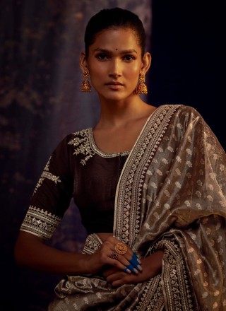 Fancy Fabric Brown Weaving Trendy Saree