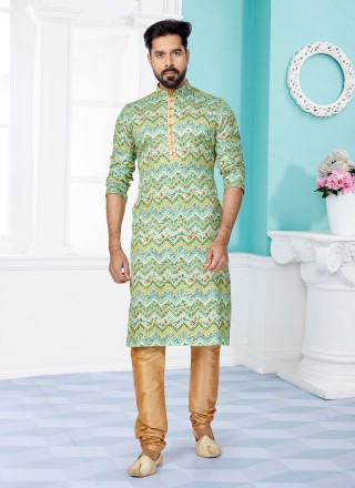 Fancy Fabric Digital Print Kurta Pyjama in Green and Multi Colour
