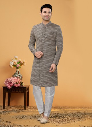 Fancy Fabric Handwork Indo Western Sherwani in Brown