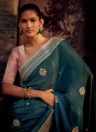 Fancy Fabric Teal Embroidered Trendy Saree