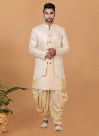 Fancy Jacquard Silk Indo Western Sherwani in Cream and Off White