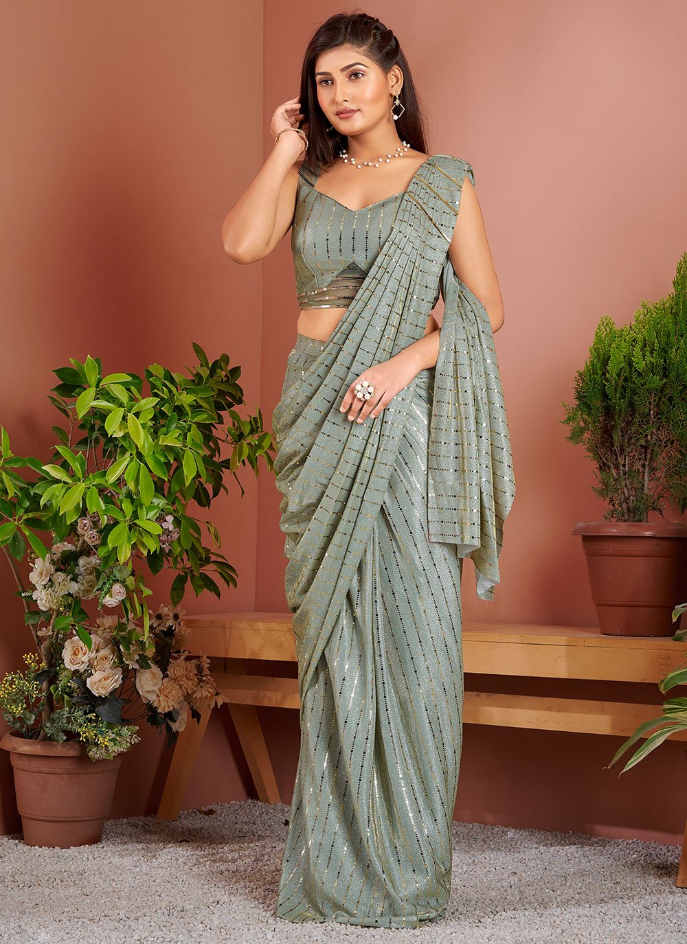 Buy Online Fancy Sea Green Imported One Minute Saree : 257654 -