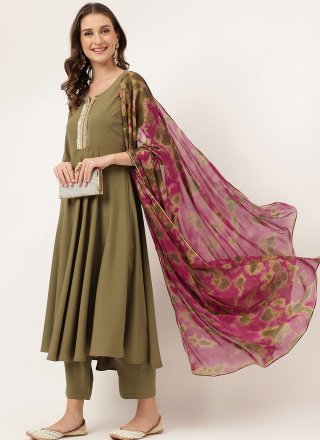 Faux Crepe Readymade Salwar Suit In Green