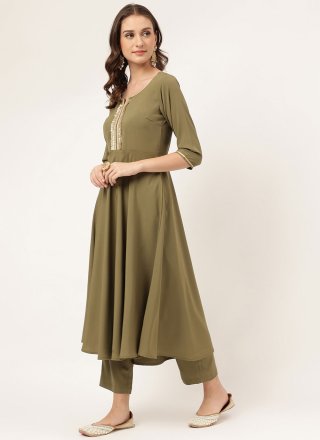 Faux Crepe Readymade Salwar Suit In Green