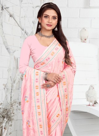 Faux Crepe Thread Work Pink Contemporary Saree