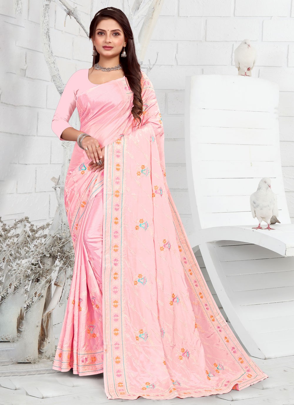 Faux Crepe Thread Work Pink Contemporary Saree