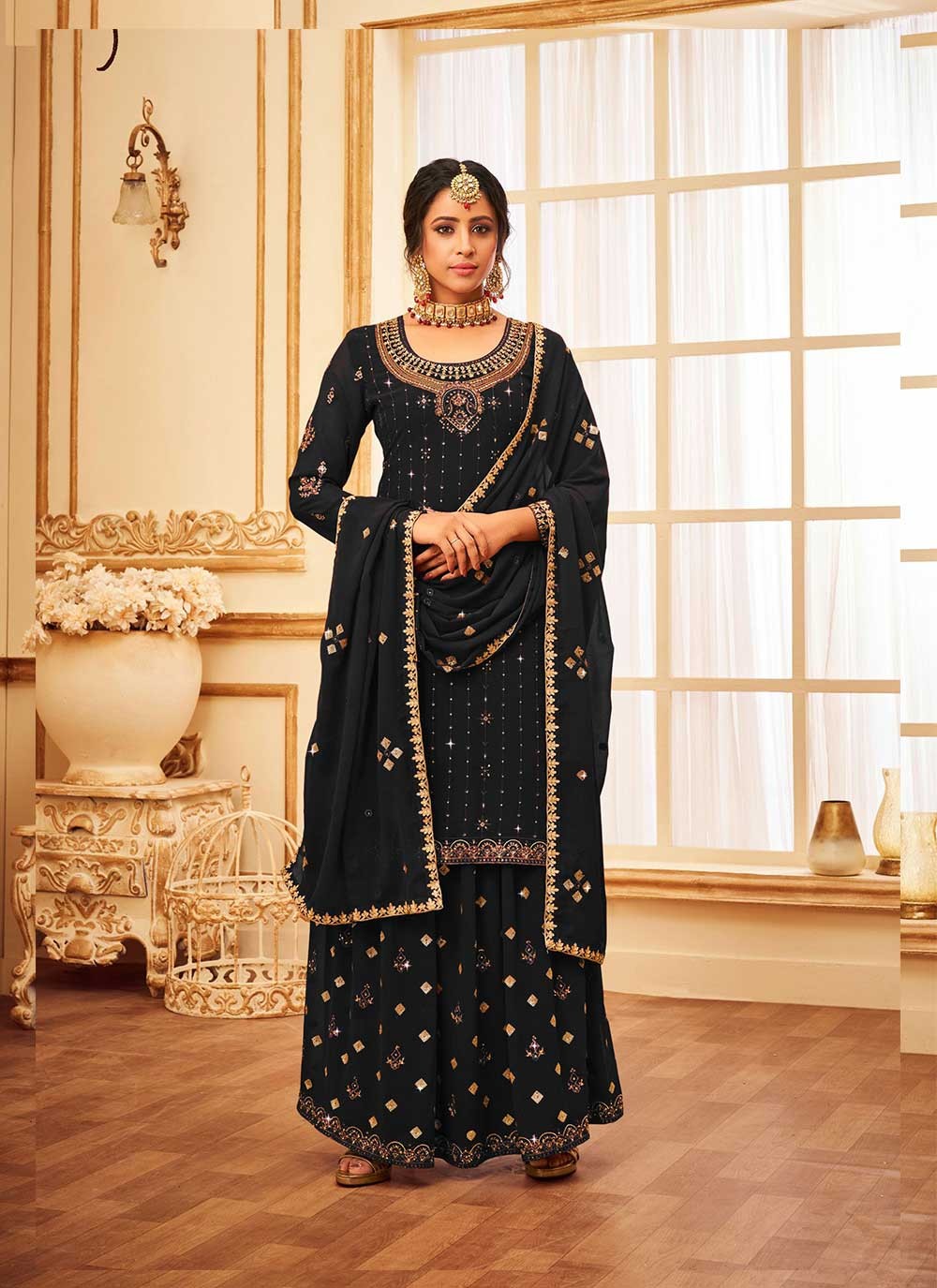 Faux Georgette Black Embroidered Sharara Set