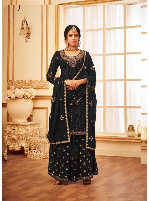 Faux Georgette Black Embroidered Sharara Set