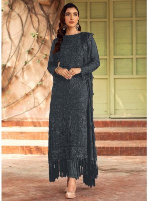 Faux Georgette Designer Straight Salwar Kameez in Grey
